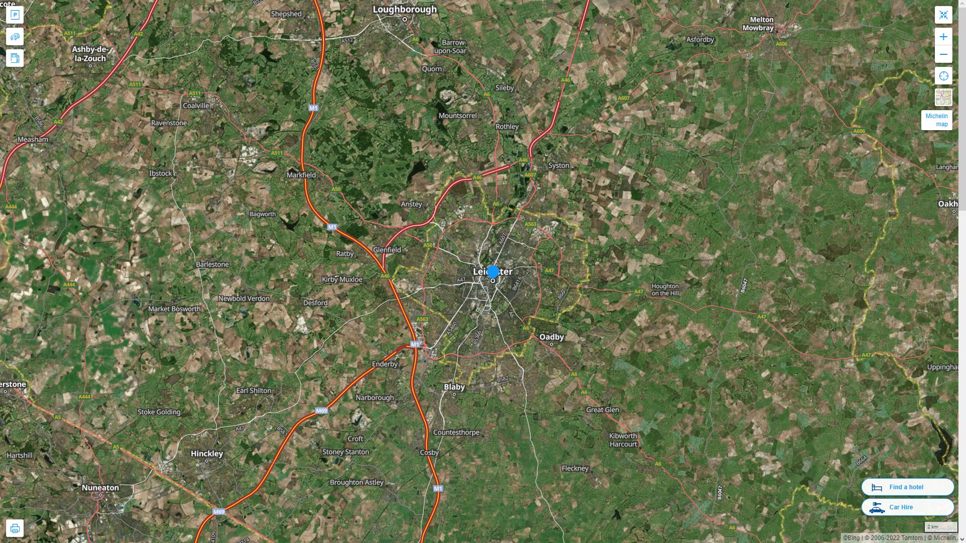 Leicester Royaume Uni Autoroute et carte routiere avec vue satellite